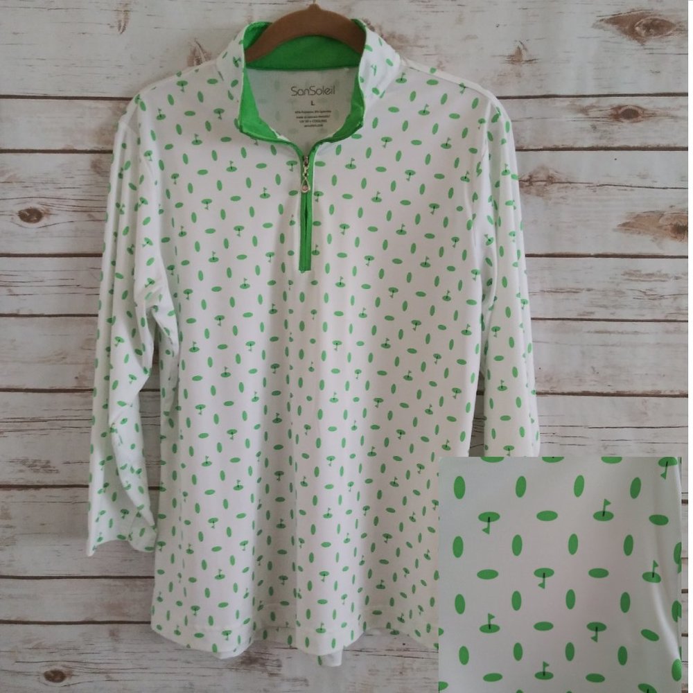 San Soleil White Green 1/4 Zip Vented 3/4 Sleeve Pullover UPF 50 Sun Shirt Large